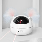 Interactive cat toy with laser, white spherical design, fluffy ears, and motion sensor. Ideal for pet entertainment and exercise.