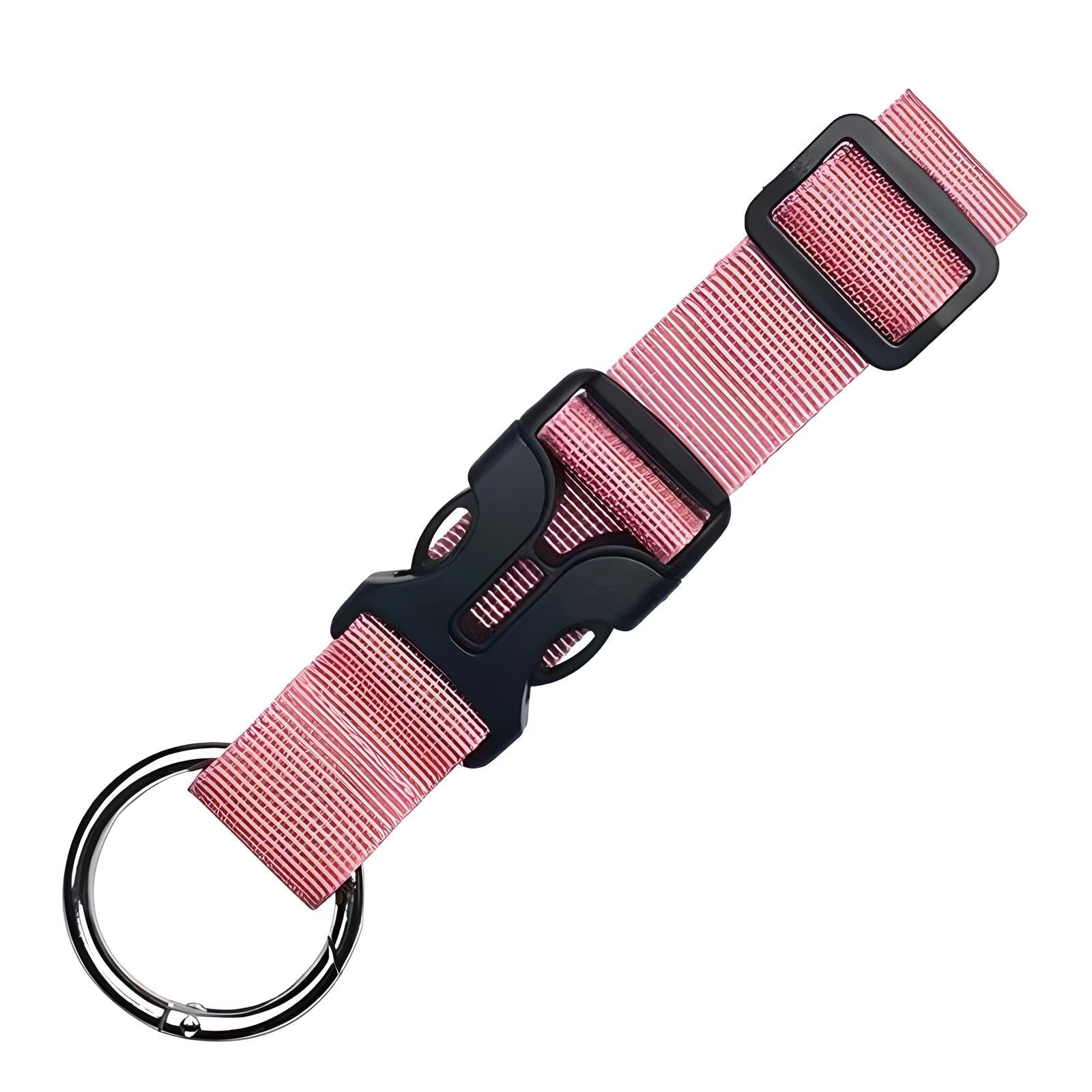 Pink nylon keychain wristlet with black plastic buckle and adjustable strap, featuring a metal keyring. Durable and stylish accessory for keys.