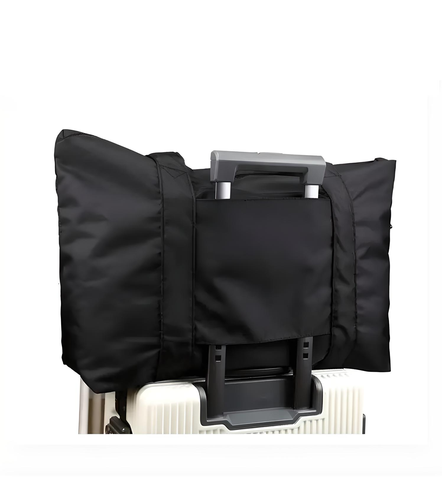 Black travel pillow attached to a suitcase handle, showcasing convenient luggage integration. Ideal for comfortable travel, neck support, and portability.