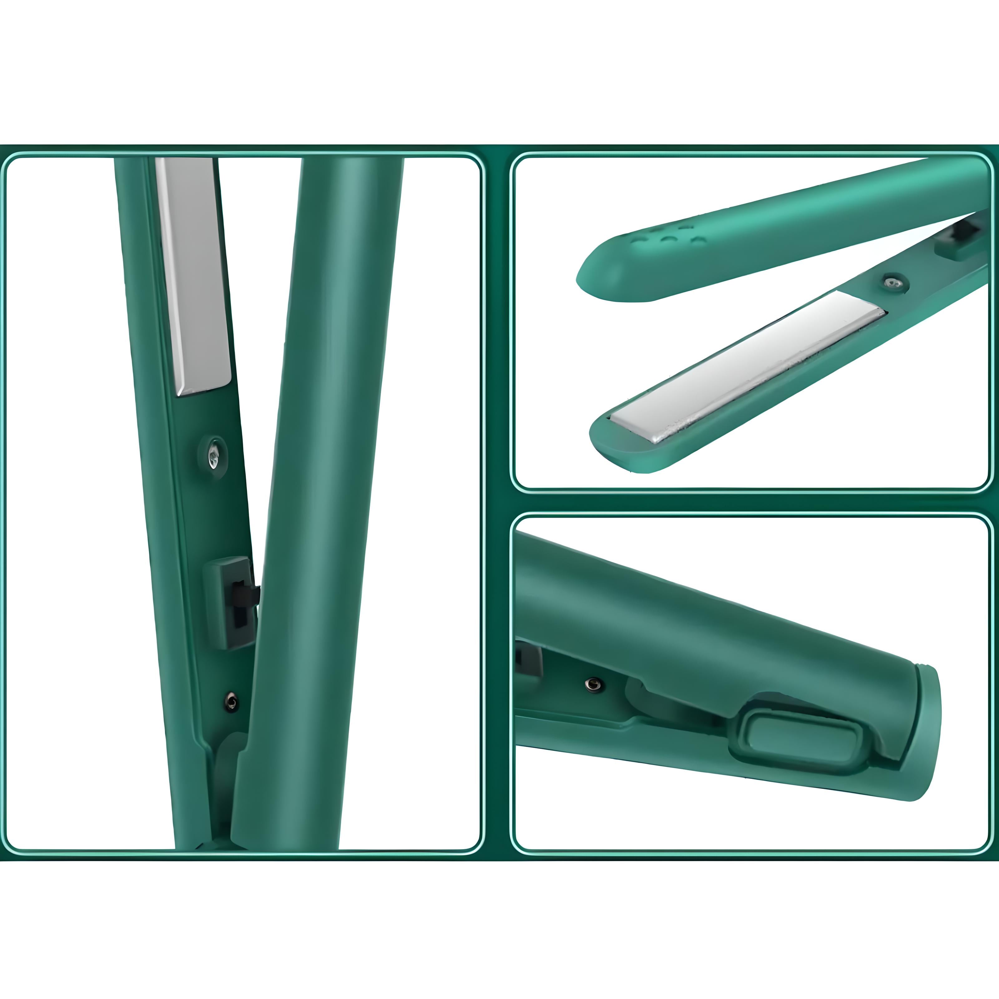 Green hair straightener with ceramic plates, close-up views, sleek design, adjustable temperature, professional styling tool, heat-resistant handle.