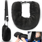 Black travel neck pillow with adjustable strap, soft plush fabric, ergonomic design for comfort, ideal for airplane, car, or office use.