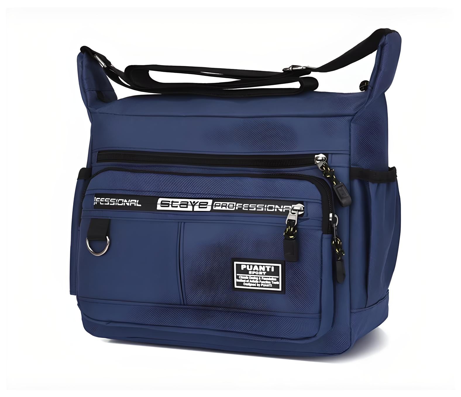 Blue PUANTI messenger bag with multiple zippered compartments, adjustable shoulder strap, and professional design. Ideal for travel and daily use.