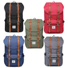 Five stylish backpacks in black, red, green, blue, and gray with leather straps, ideal for travel and outdoor adventures. Durable and trendy design.