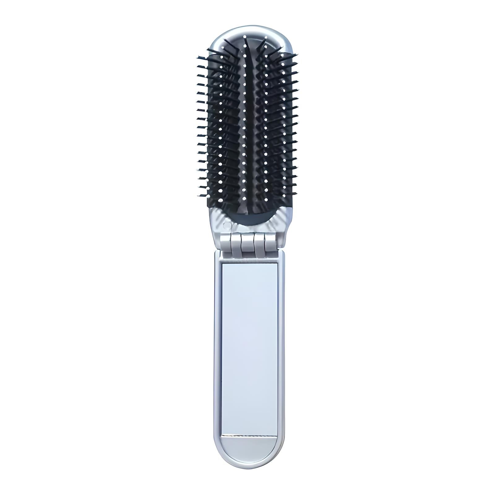 Folding hairbrush with black bristles and silver handle, compact travel design, portable grooming tool, ideal for on-the-go hair care.