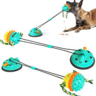 Dog chew toy with suction cups and rope, featuring a spiky ball design. Interactive pet toy for dental health and play. Durable and engaging for dogs.