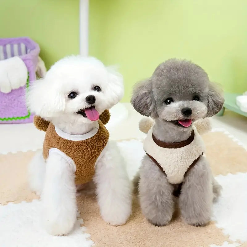 Two adorable poodles in cozy fleece outfits sitting on a soft rug, perfect for pet fashion enthusiasts. Cute dogs, pet clothing, fluffy poodles.