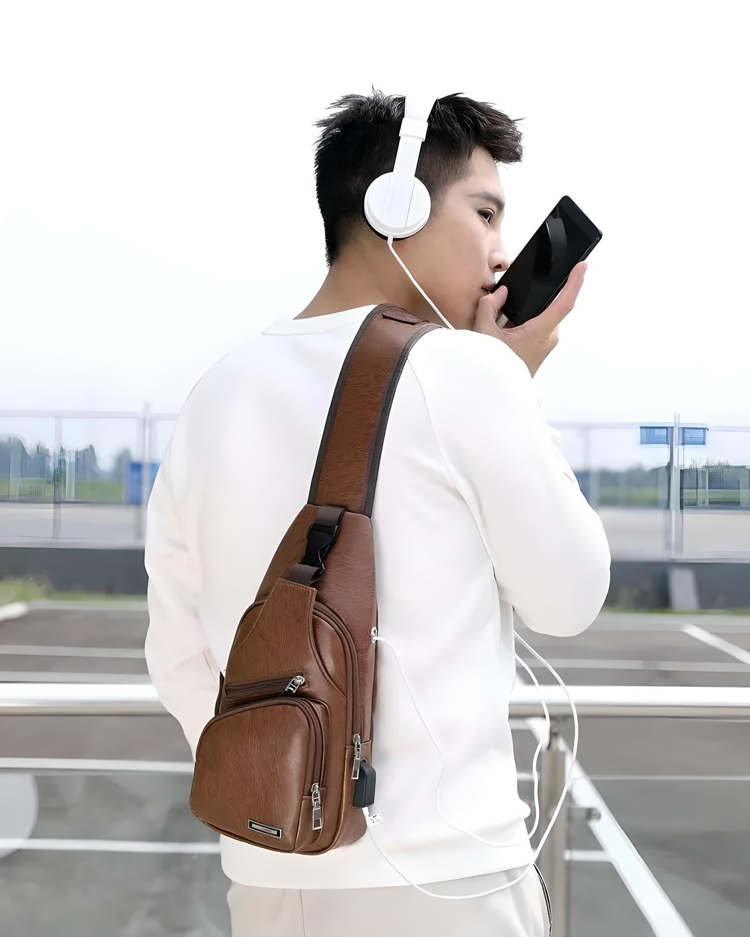 Man wearing white outfit with headphones, holding smartphone, and carrying a stylish brown leather crossbody bag. Outdoor setting, modern fashion.