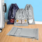 Travel shoe bags with drawstring closure, featuring transparent windows and sneaker designs, ideal for organizing and protecting shoes in luggage.