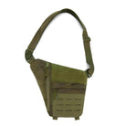 Olive green tactical sling bag with adjustable strap, front zipper pocket, and laser-cut MOLLE panel. Ideal for outdoor activities and travel.