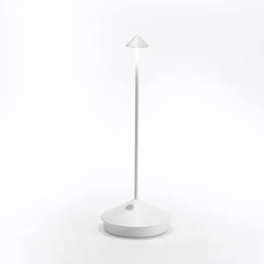 Sleek modern white LED desk lamp with minimalist design, featuring a conical shade and touch control base, ideal for home office lighting solutions.