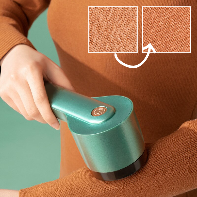 Electric fabric shaver removing lint from sweater, showcasing before and after results. Efficient lint remover, sweater defuzzer, fabric care tool.