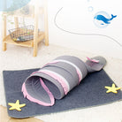 Gray and pink cat tunnel toy on a gray mat with starfish decorations, ideal for pet play and exercise. Perfect for indoor cat entertainment.