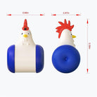 Chicken-shaped tape dispenser with blue wheels, measuring 3.66 inches in width and 3.95 inches in height. Fun office desk accessory.