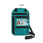 Teal crossbody travel bag with transparent ID window displaying a driver's license, multiple zippered pockets, and adjustable strap. Ideal for secure travel.