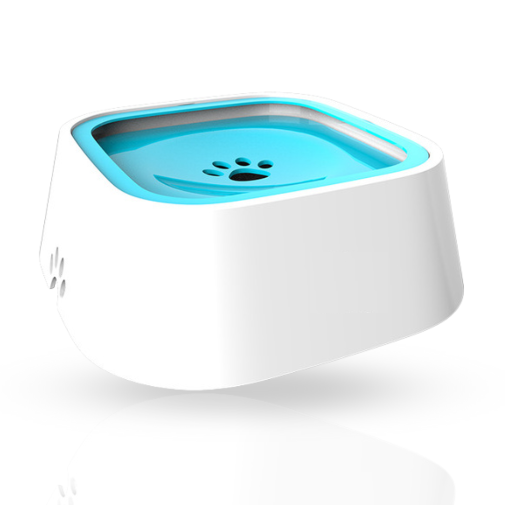 Modern white and blue pet water bowl with paw print design, non-slip base, and splash-proof edges. Ideal for cats and dogs. Durable and stylish.