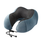 Blue memory foam travel neck pillow with adjustable drawstring, ergonomic design, and breathable mesh fabric for comfortable support during travel.