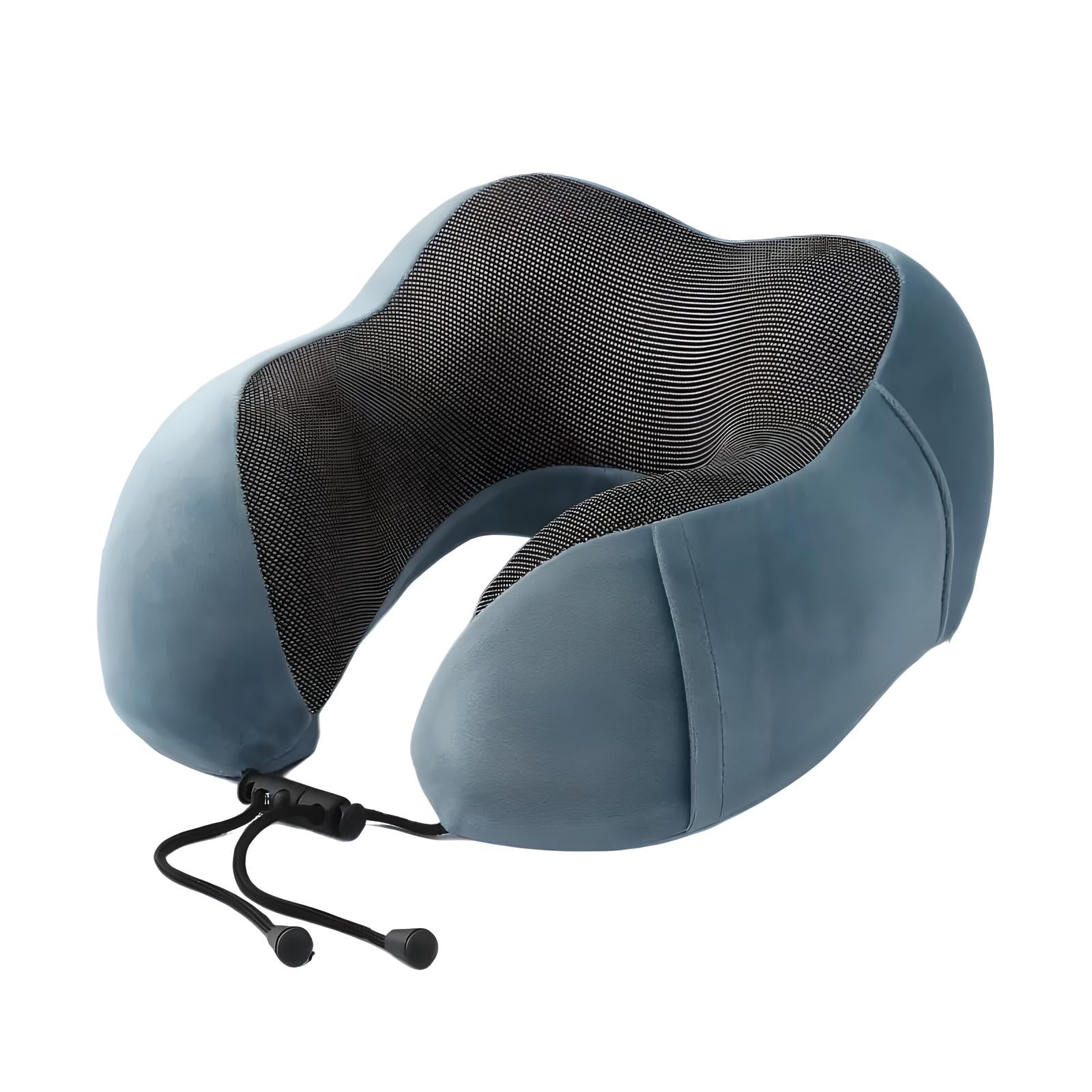 Blue memory foam travel neck pillow with adjustable drawstring, ergonomic design, and breathable mesh fabric for comfortable support during travel.