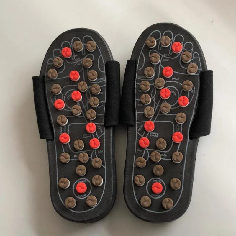 Acupuncture massage slippers for foot pain relief, featuring pressure point nodes. Wellness healthcare shoes for improved circulation and relaxation.