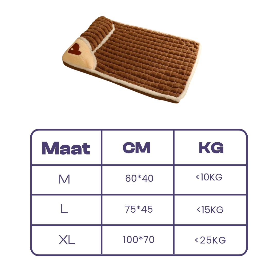 Brown quilted pet bed with heart design, suitable for small to large pets. Size chart: M (60x40cm), L (75x45cm), XL (100x70cm). Ideal for comfort.