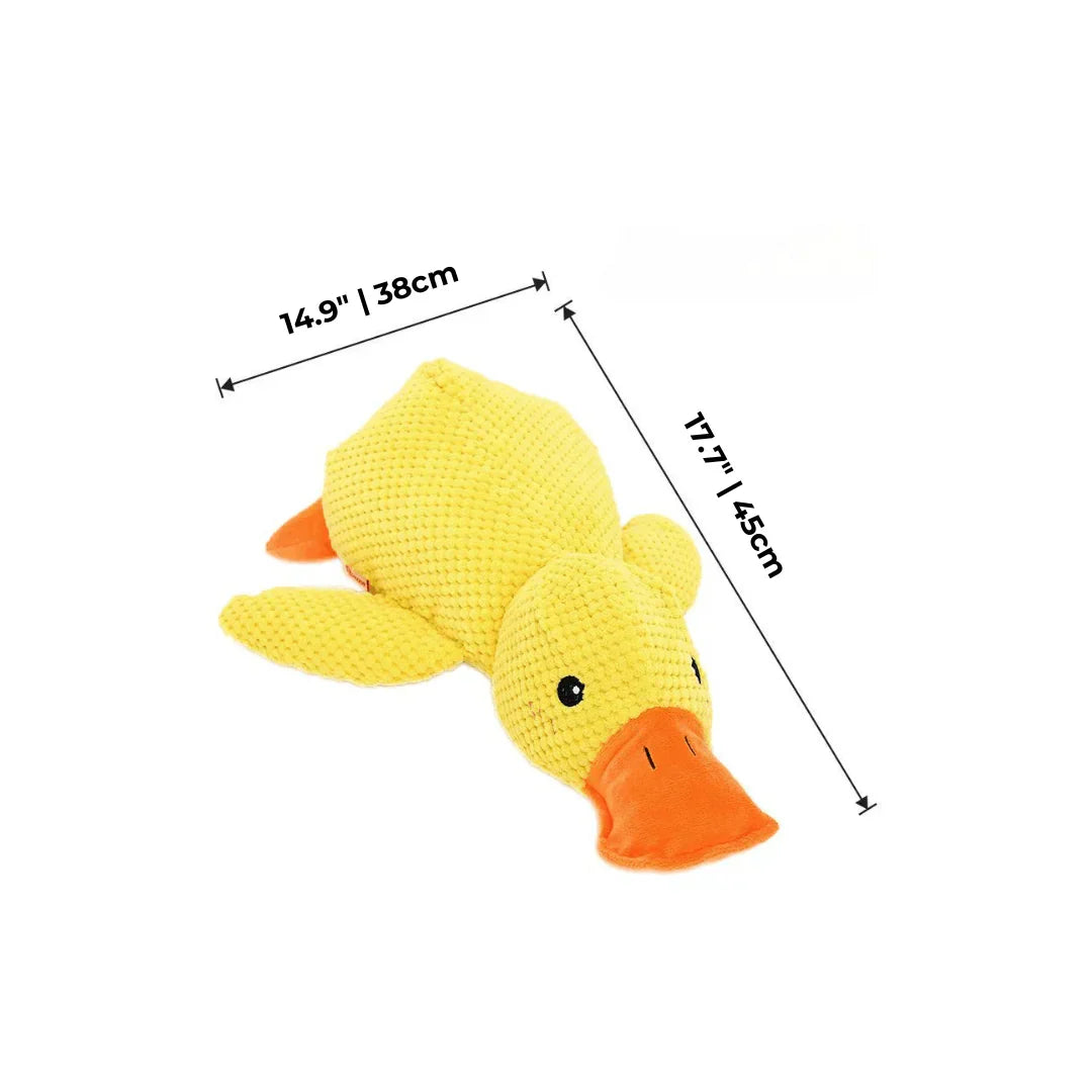 Yellow plush duck toy with orange beak and feet, measuring 14.9 inches by 17.7 inches. Soft stuffed animal for kids, perfect for cuddling.