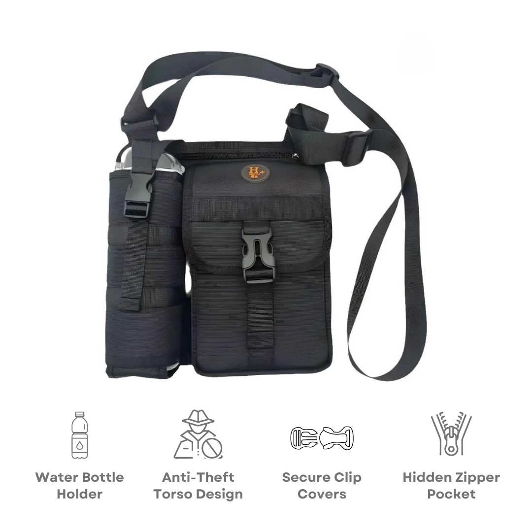 Black crossbody bag with water bottle holder, anti-theft design, secure clip covers, and hidden zipper pocket. Ideal for travel and outdoor adventures.