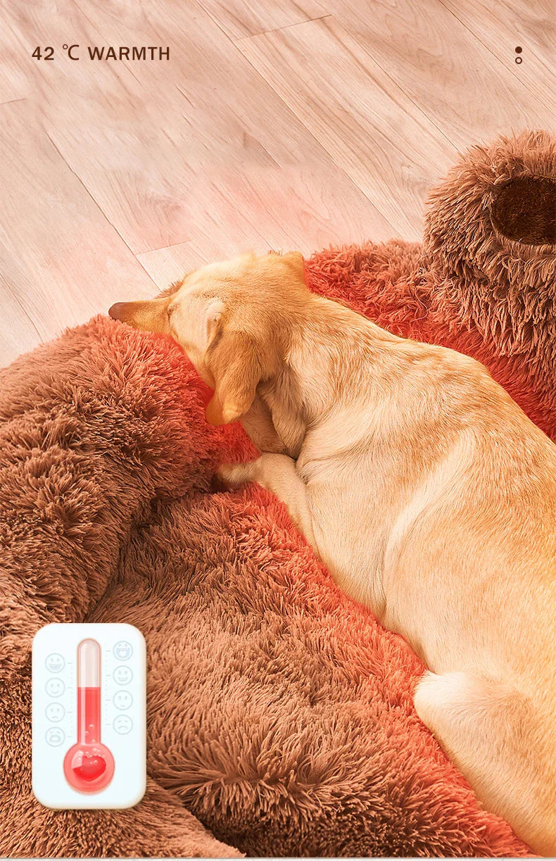 Golden retriever on heated plush dog bed, 42°C warmth, cozy pet comfort, brown and beige tones.