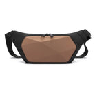 Geometric brown and black hardshell waist bag with adjustable strap, modern design, durable material, ideal for travel and outdoor activities.