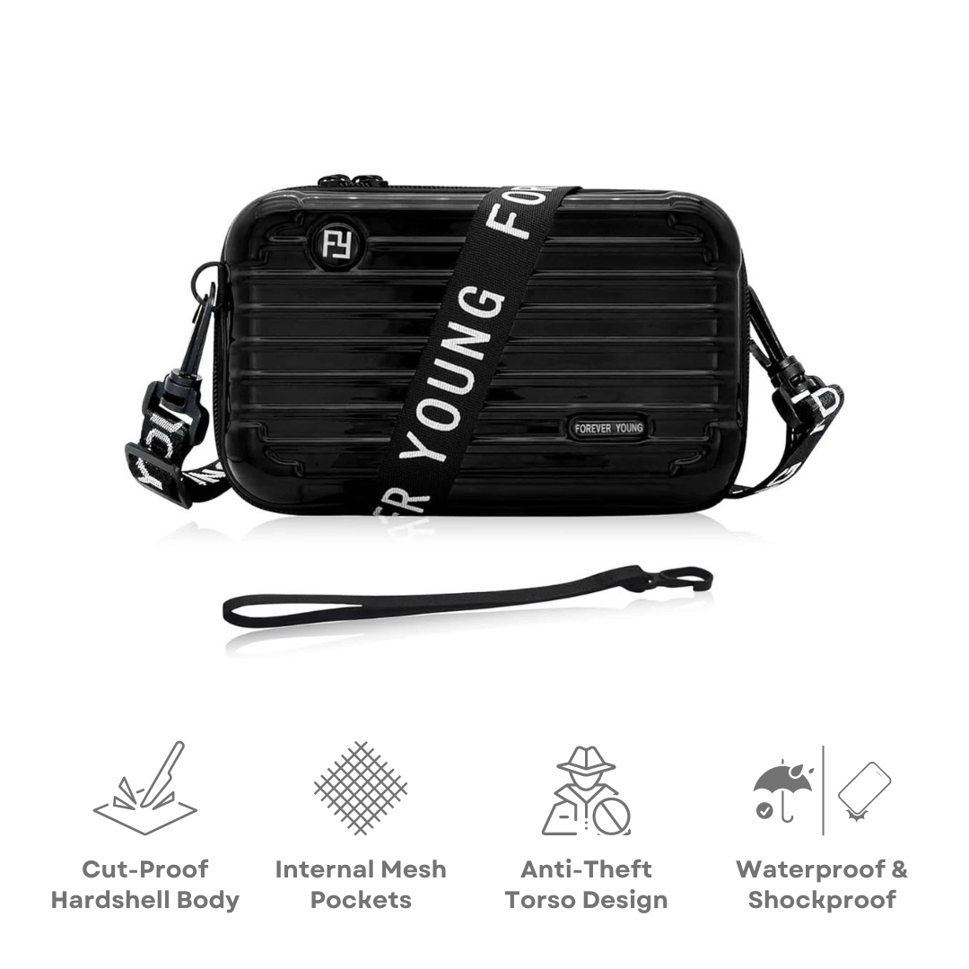 Anti-theft hardshell crossbody bag with cut-proof body, internal mesh pockets, waterproof and shockproof design, ideal for secure travel.