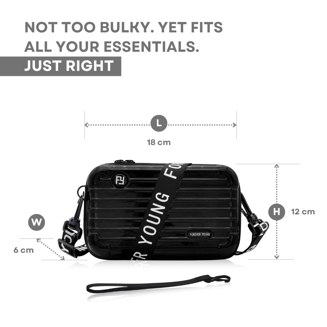 Anti-theft hardshell crossbody bag, black, 18x12x6 cm, with adjustable strap. Compact, secure travel accessory for essentials.