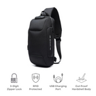 Anti-theft crossbody bag with USB charging port, RFID protection, cut-proof hardshell, and 3-digit zipper lock. Ideal for secure travel and tech storage.