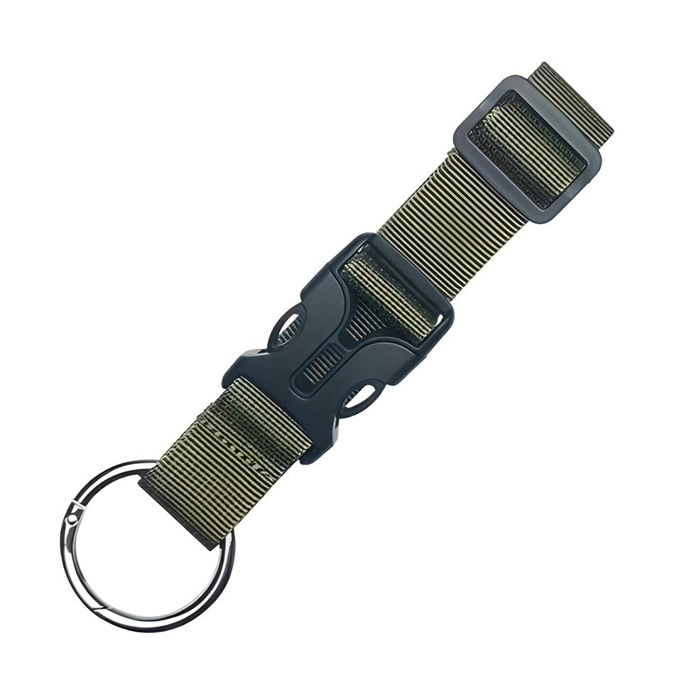 Army green tactical keychain with durable nylon strap, quick-release buckle, and metal keyring. Perfect for outdoor enthusiasts and everyday use.