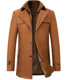 Men's brown wool overcoat, long, high-end fashion, autumn winter, buttoned, stylish design.