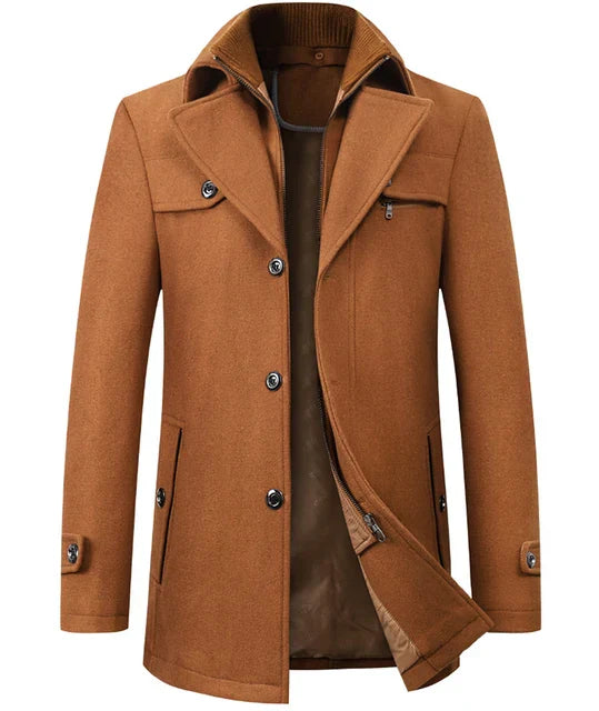 Men's brown wool overcoat, long, high-end fashion, autumn winter, buttoned, stylish design.