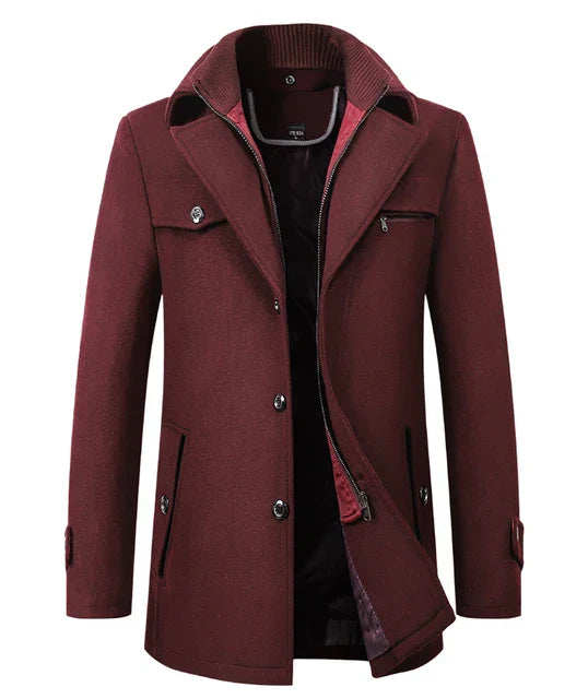 Burgundy wool overcoat for men, long, high-end fashion, autumn winter outerwear.