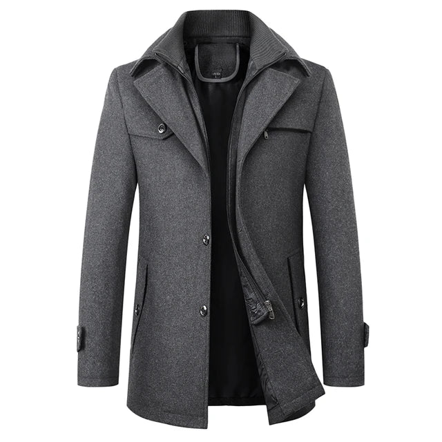 Gray wool overcoat for men, long, high-end fashion, autumn and winter wear, stylish design.