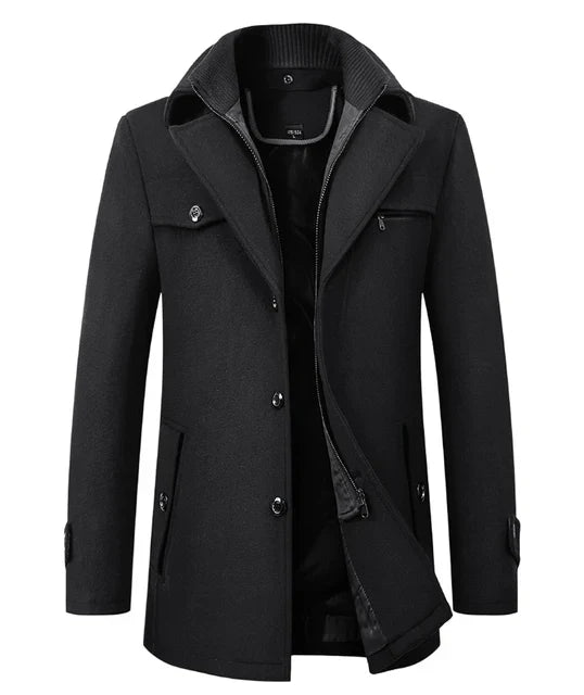 Men's black wool overcoat, long, high-end fashion, autumn winter, stylish outerwear.