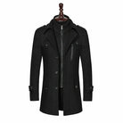 Men's black wool overcoat, long, high-end fashion, autumn winter, stylish outerwear.