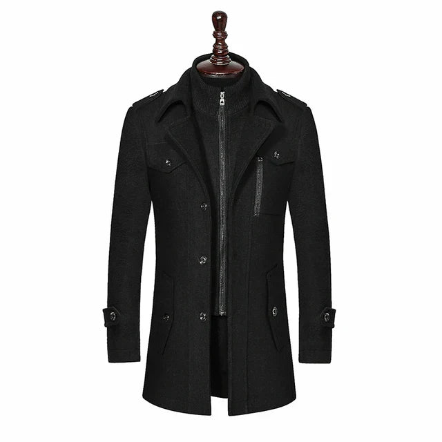 Men's black wool overcoat, long, high-end fashion, autumn winter, stylish outerwear.