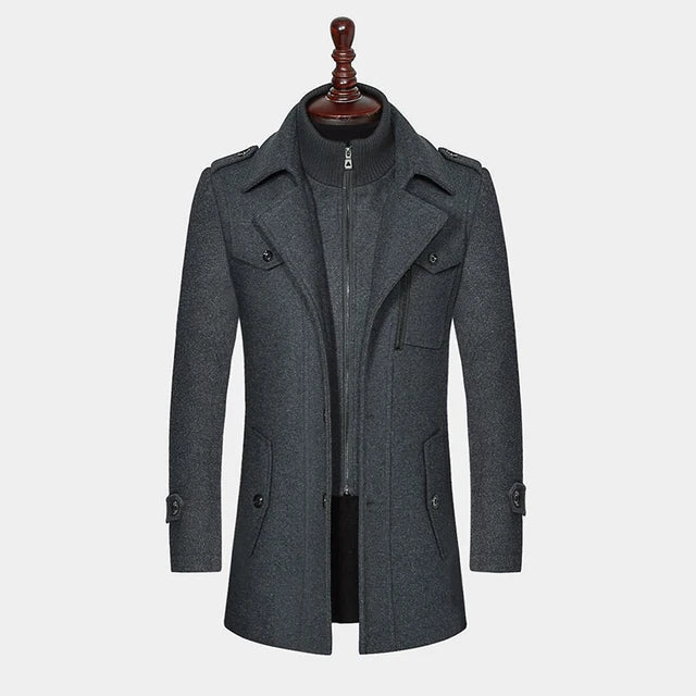 Men's gray wool overcoat, long, high-end fashion, autumn winter, stylish outerwear.
