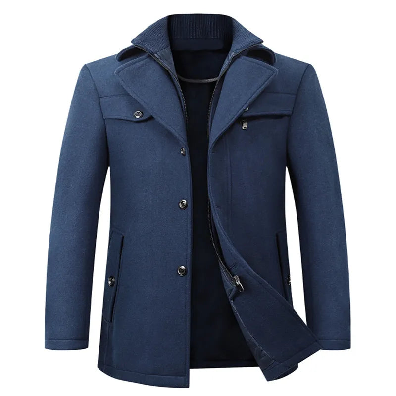 Men's navy wool overcoat, high-end fashion, long style, autumn winter wear.
