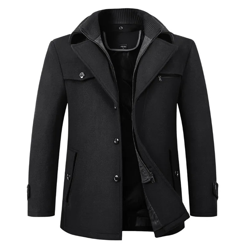 Men's black wool overcoat, high-end fashion, autumn-winter, long, stylish, warm outerwear.