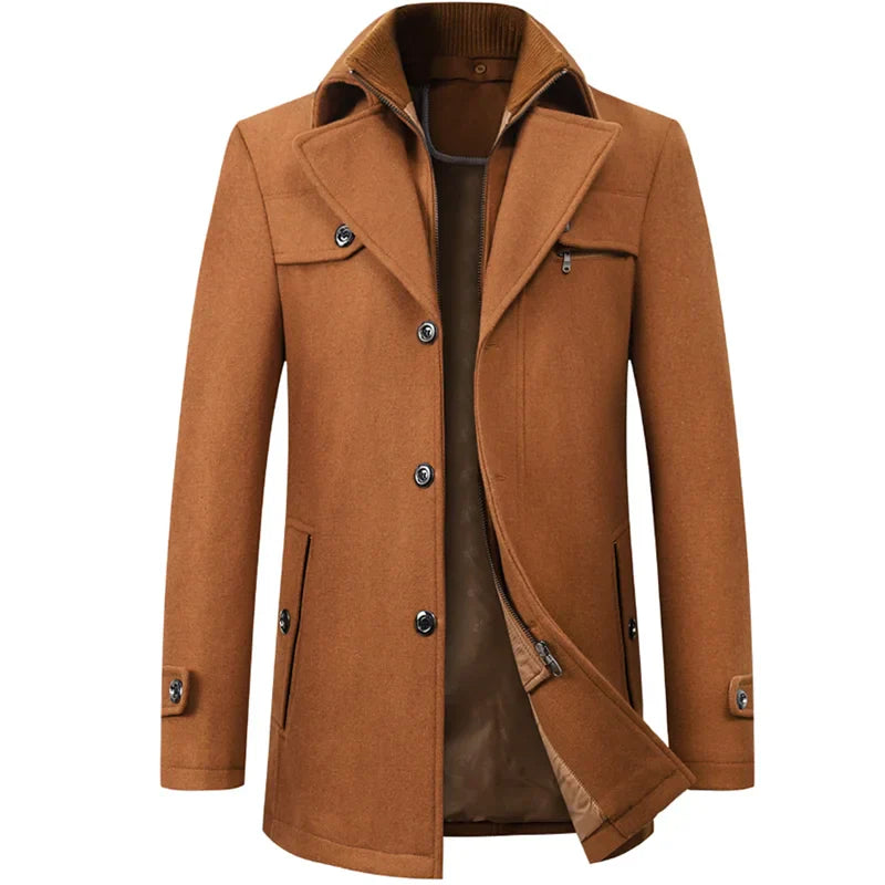 Men's brown wool overcoat, high-end fashion, autumn winter, long style, buttoned, elegant design.