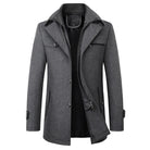 Gray wool overcoat for men, long, high-end fashion, autumn winter, buttoned, stylish design.