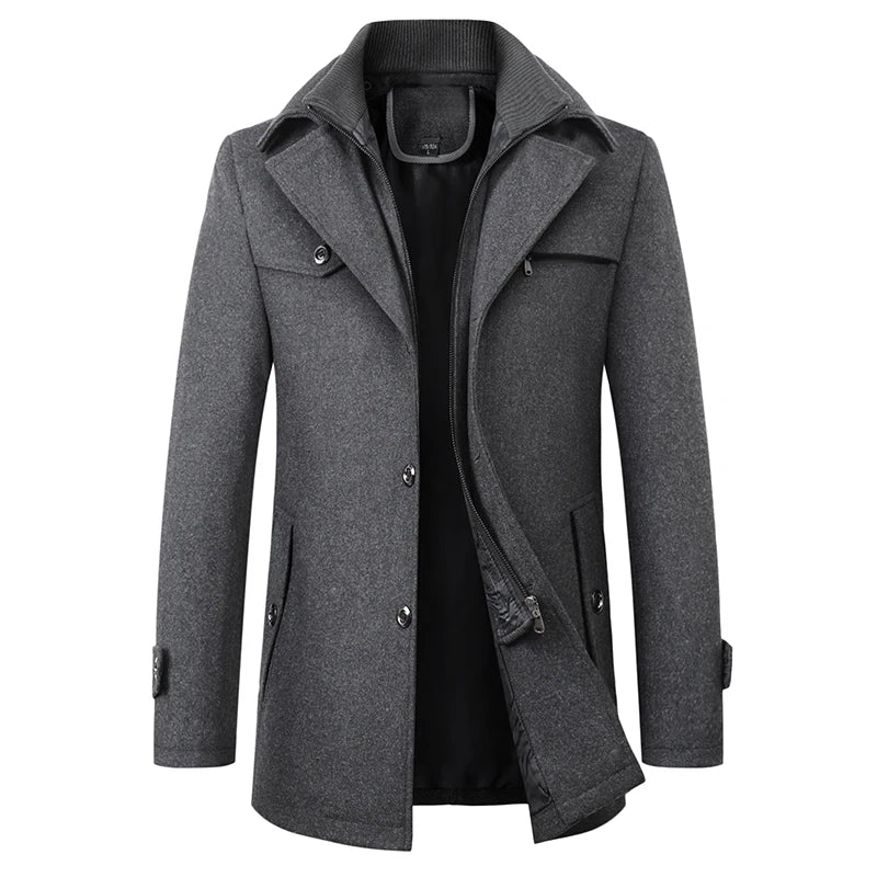 Gray wool overcoat for men, long, high-end fashion, autumn winter, buttoned, stylish design.
