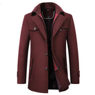 Men's burgundy wool overcoat, high-end fashion, autumn-winter, long style, buttoned design.