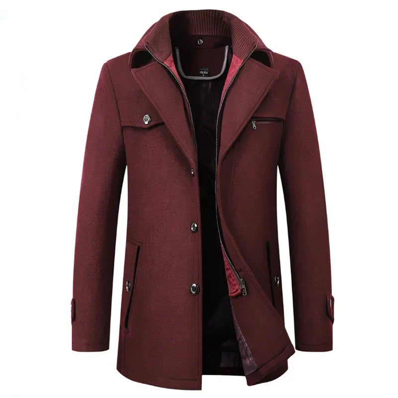 Men's burgundy wool overcoat, high-end fashion, autumn-winter, long style, buttoned design.