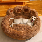 Dog lounging in a cozy, brown, paw-shaped plush pet bed on a wooden floor, ideal for comfort and relaxation. Perfect for medium-sized dogs.