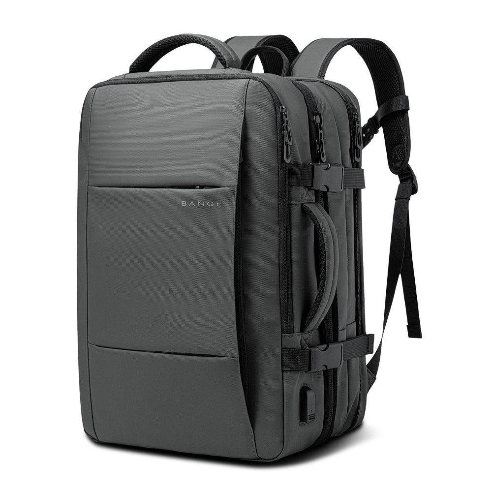 Sleek gray BANGE backpack with multiple compartments, ergonomic straps, and durable material. Ideal for travel, work, and daily use.