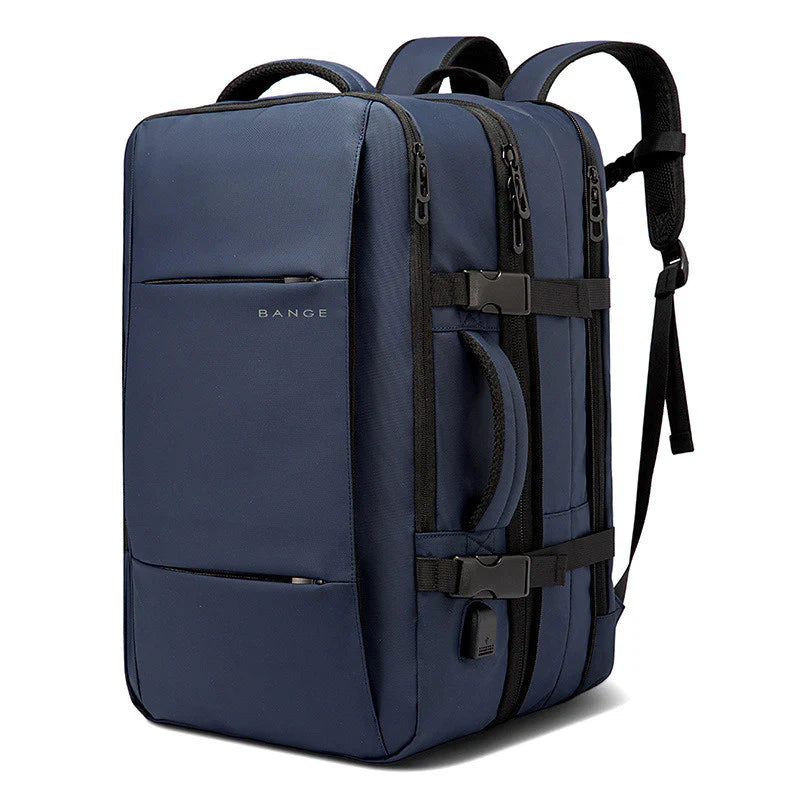 Navy blue Bange backpack with multiple compartments, durable zippers, and adjustable straps. Ideal for travel, school, or work. Stylish and functional design.