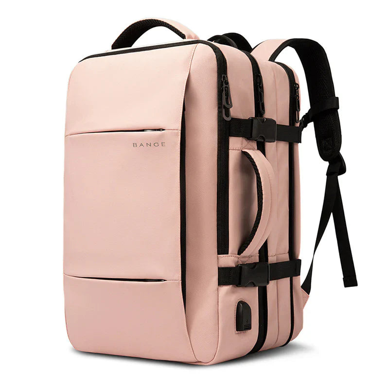 Pink Bange backpack with multiple compartments, durable zippers, and adjustable straps. Ideal for travel, school, or work. Stylish and functional design.